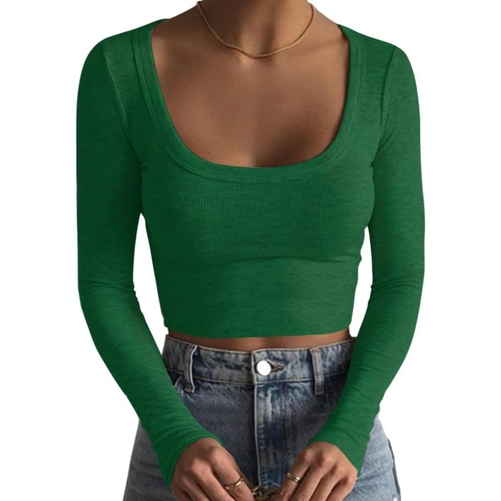 Women's Emaraled Green Square Neck Long Sleeve Slim Fitted Casual Basic Crop Top